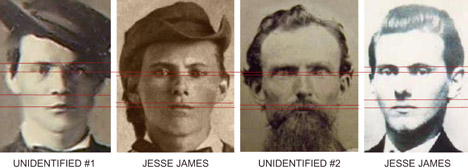 Comparison photo of two Jesse James photos and two unidentified men